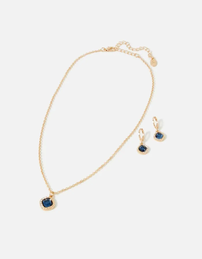 Accessorize Blue Harvest Huggie Hoop And Necklace Stone Set Women Necklaces