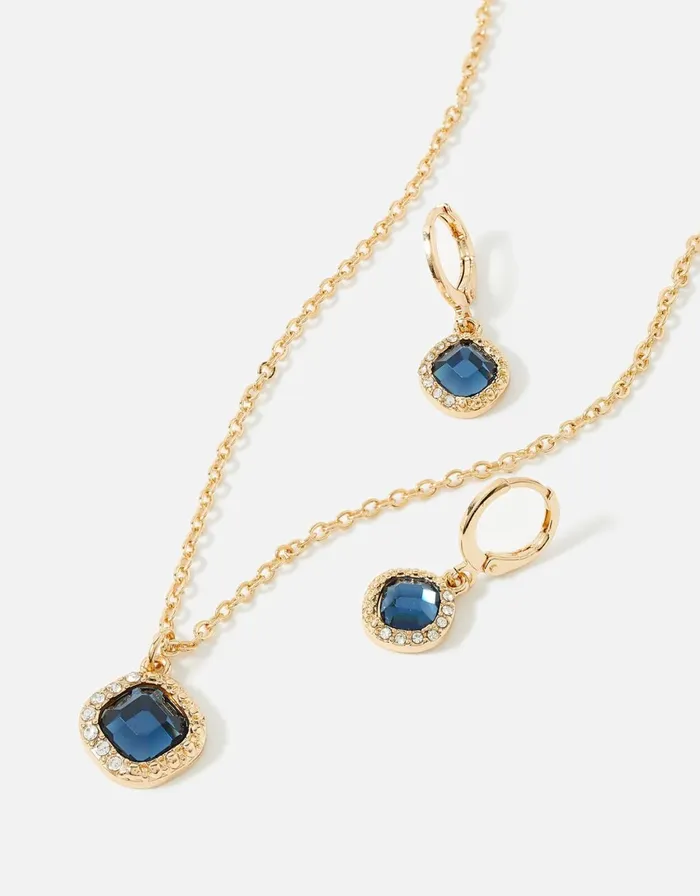 Accessorize Blue Harvest Huggie Hoop And Necklace Stone Set Women Necklaces
