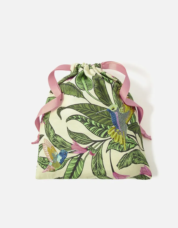 Accessorize Botanical Birds Embroidered Drawstring Bag Women Travel Bags