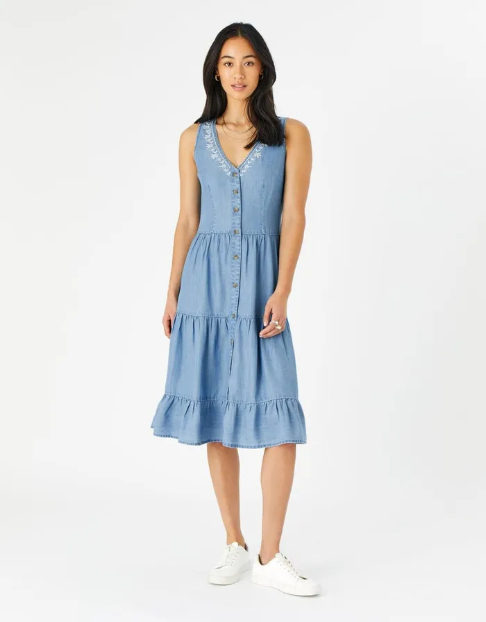 Accessorize Chambray Tiered Midi Dress Blue Blue Women Dresses