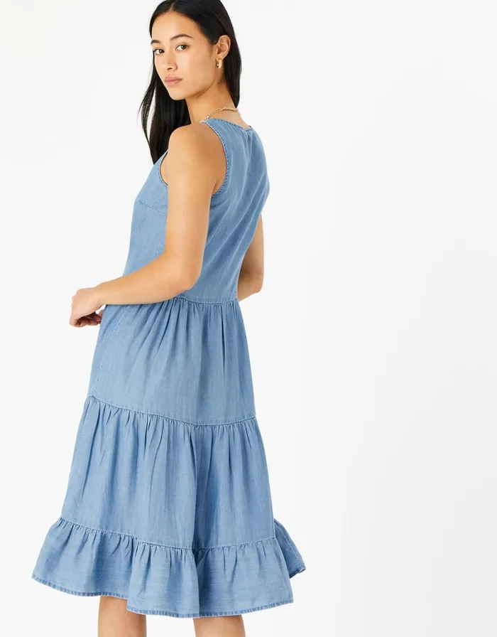Accessorize Chambray Tiered Midi Dress Blue Blue Women Dresses