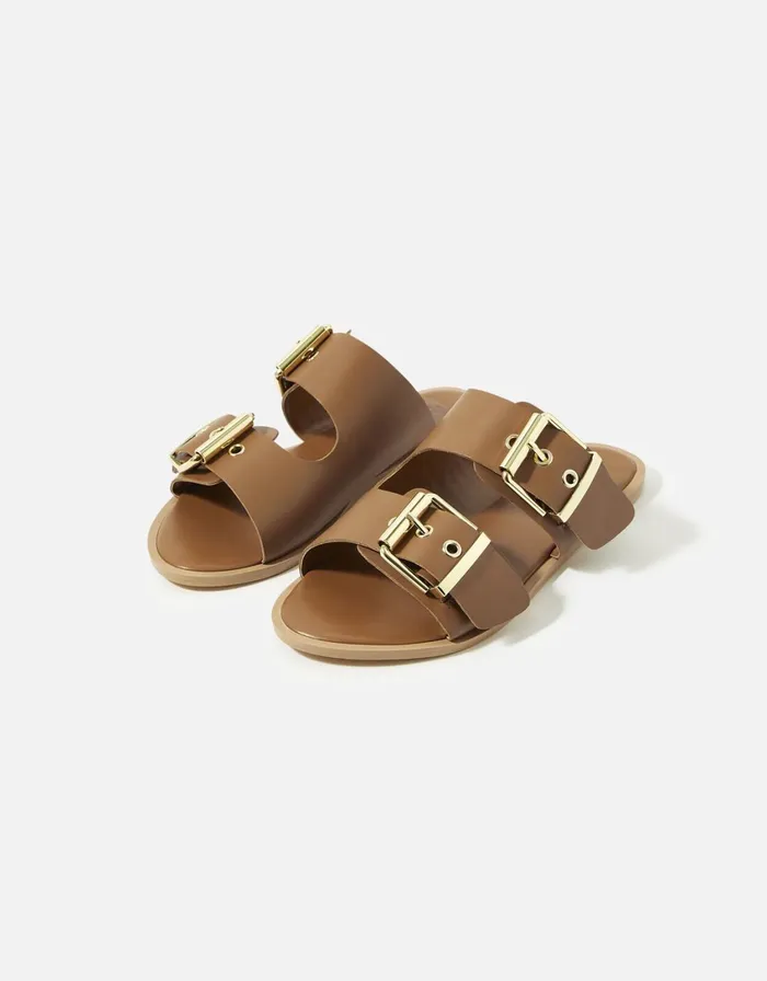 Accessorize Chunky Buckle Leather Sandals Tan Tan Women Sandals and Flip Flops