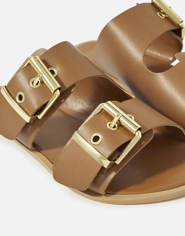 Accessorize Chunky Buckle Leather Sandals Tan Tan Women Sandals and Flip Flops