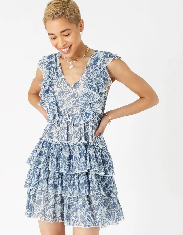 Accessorize Floral Ruffle Mini Dress Blue Blue Women Dresses