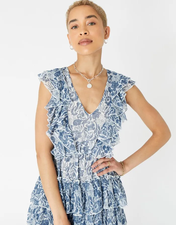 Accessorize Floral Ruffle Mini Dress Blue Blue Women Dresses
