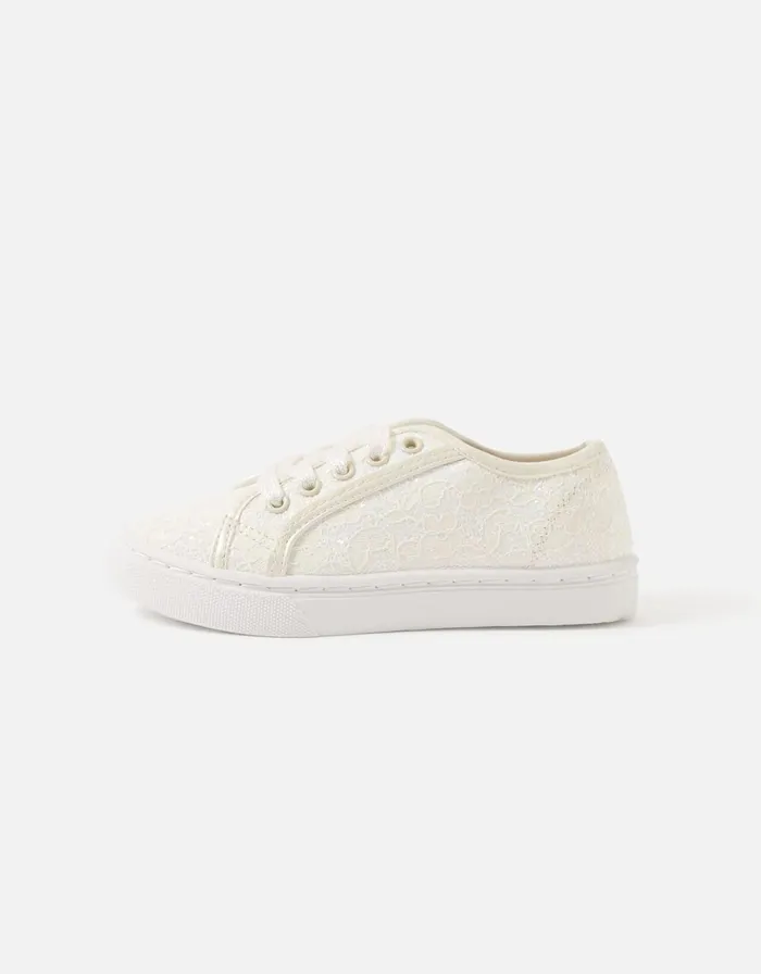 Accessorize Girls Lace Glitter Trainers Natural Ivory Girls Shoes