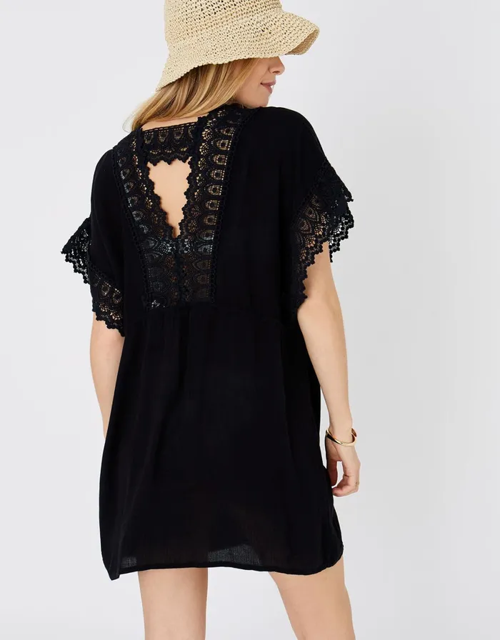 Accessorize Lace Trim Kimono In LENZING ECOVERO Black Black Women Kaftans Cover Ups and Sarongs