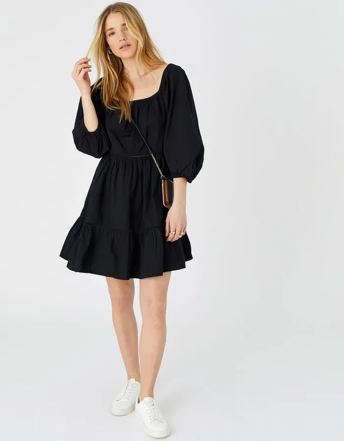 Accessorize Puff Sleeve Dress In Organic Cotton Black Black Women Dresses