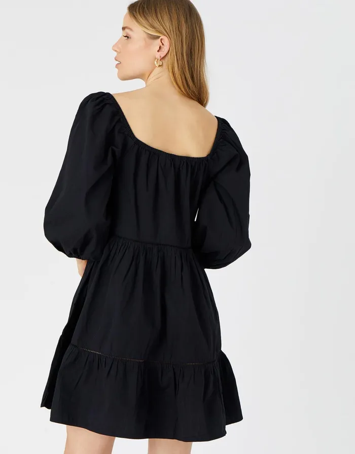 Accessorize Puff Sleeve Dress In Organic Cotton Black Black Women Dresses