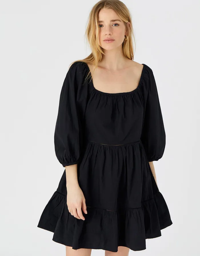 Accessorize Puff Sleeve Dress In Organic Cotton Black Black Women Dresses