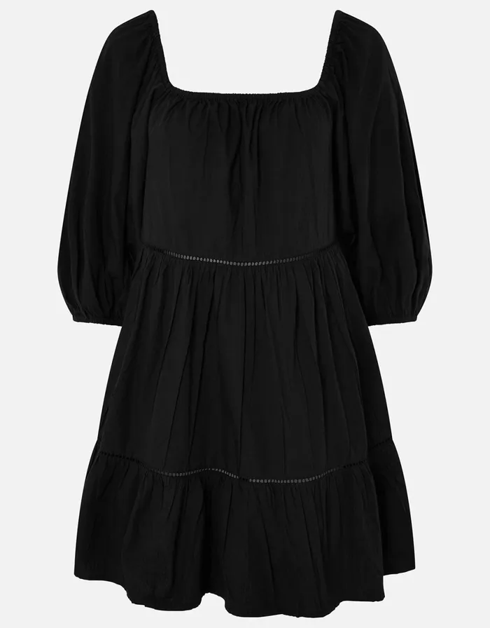 Accessorize Puff Sleeve Dress In Organic Cotton Black Black Women Dresses