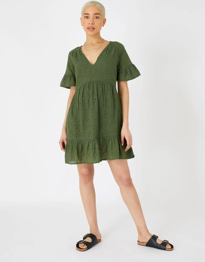 Accessorize Schiffli Mini Dress Green Khaki Women Dresses