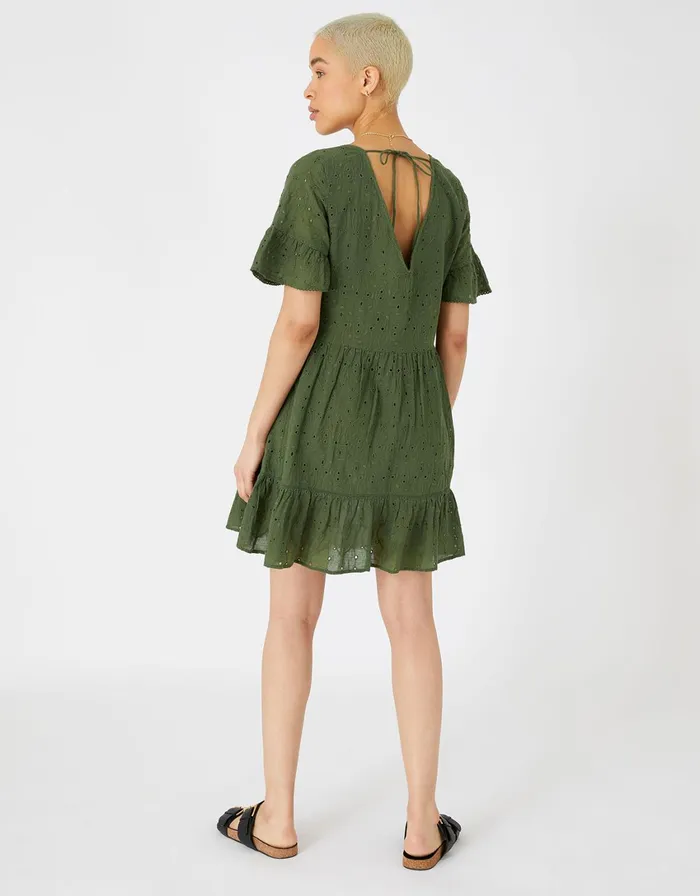 Accessorize Schiffli Mini Dress Green Khaki Women Dresses