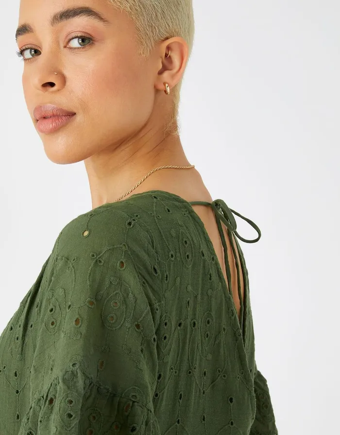 Accessorize Schiffli Mini Dress Green Khaki Women Dresses