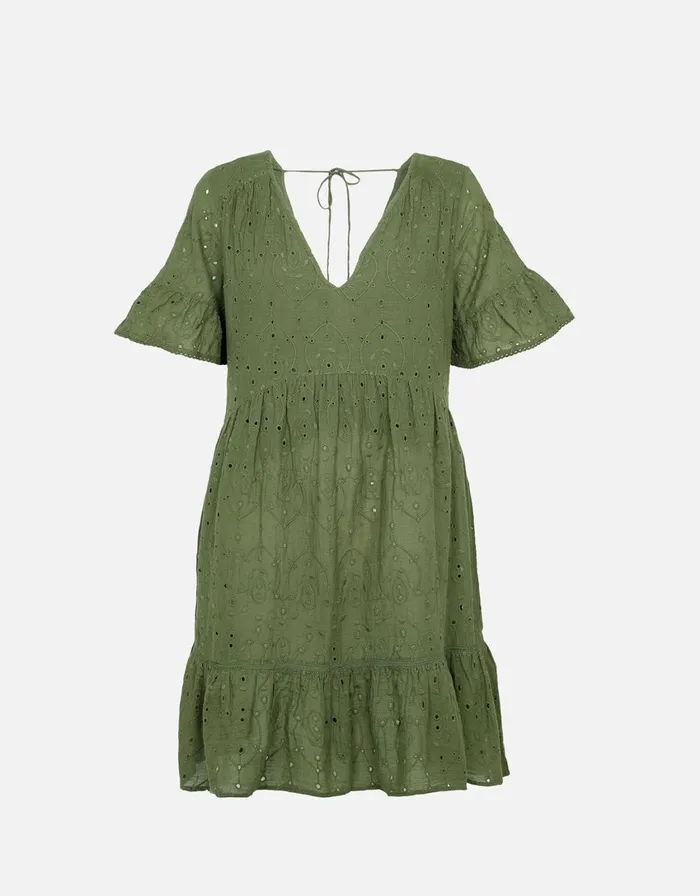Accessorize Schiffli Mini Dress Green Khaki Women Dresses