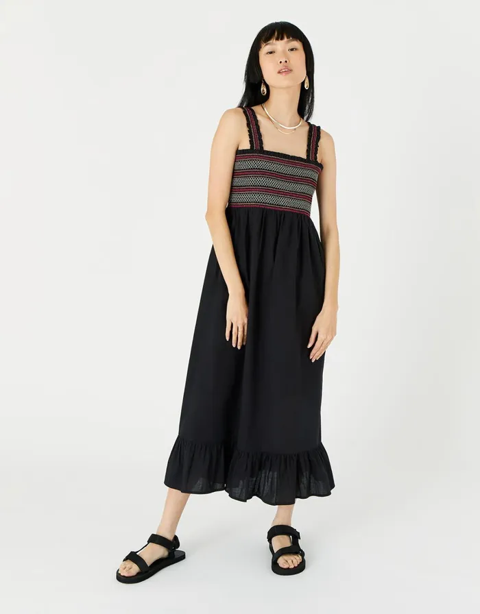 Accessorize Smocked Midi Dress Black Black Women Dresses