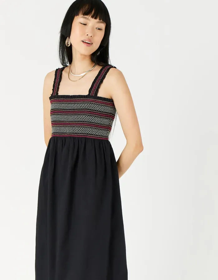 Accessorize Smocked Midi Dress Black Black Women Dresses