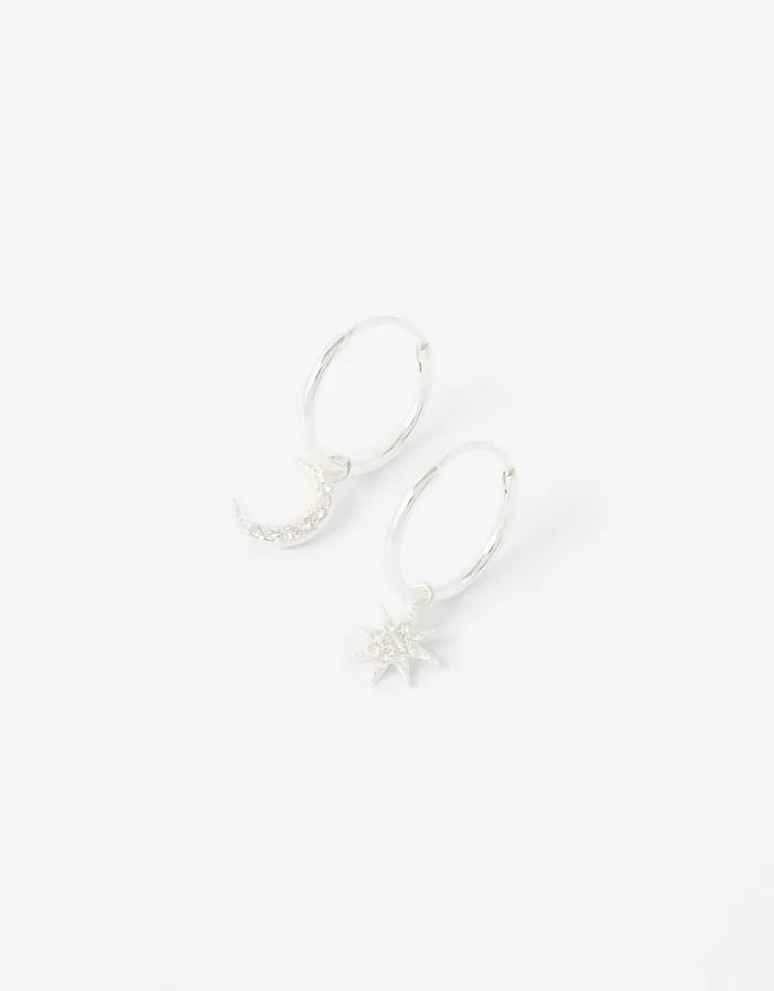 Accessorize Sterling Silver Star And Moon Hoops Women Earrings