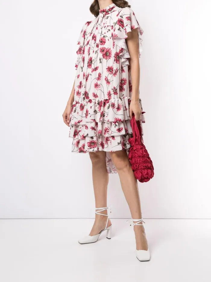Adam Lippes Dresses and Jumpsuits Tiered Dress With Flounce Sleeve In Printed Georgette White Daisy 8211 Women