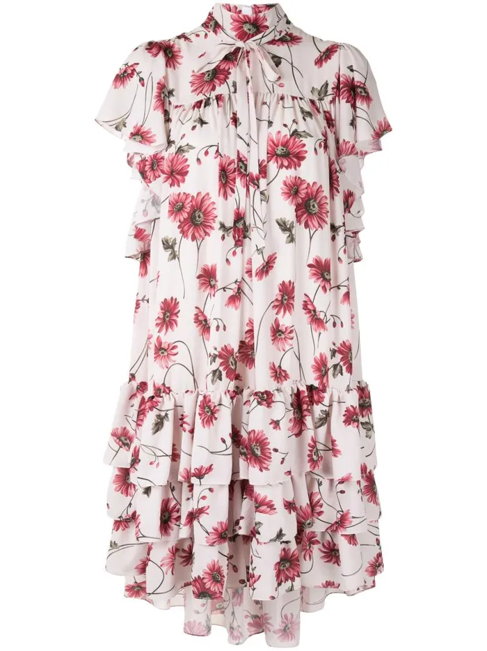 Adam Lippes Dresses and Jumpsuits Tiered Dress With Flounce Sleeve In Printed Georgette White Daisy 8211 Women
