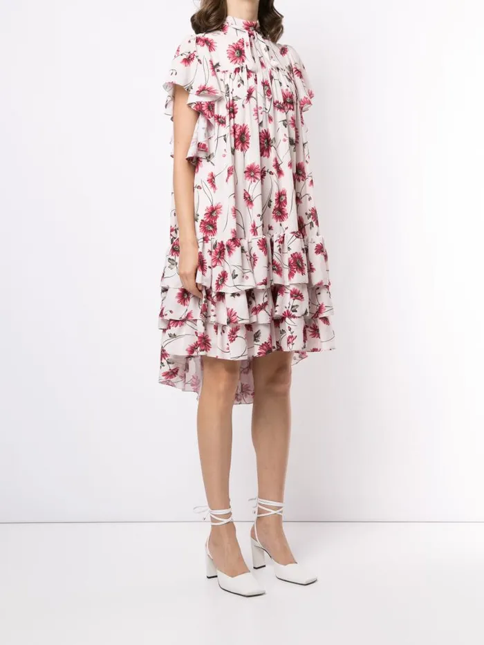 Adam Lippes Dresses and Jumpsuits Tiered Dress With Flounce Sleeve In Printed Georgette White Daisy 8211 Women