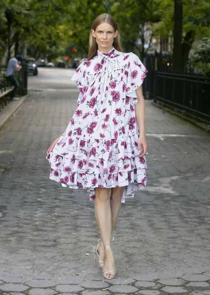Adam Lippes Dresses and Jumpsuits Tiered Dress With Flounce Sleeve In Printed Georgette White Daisy 8211 Women