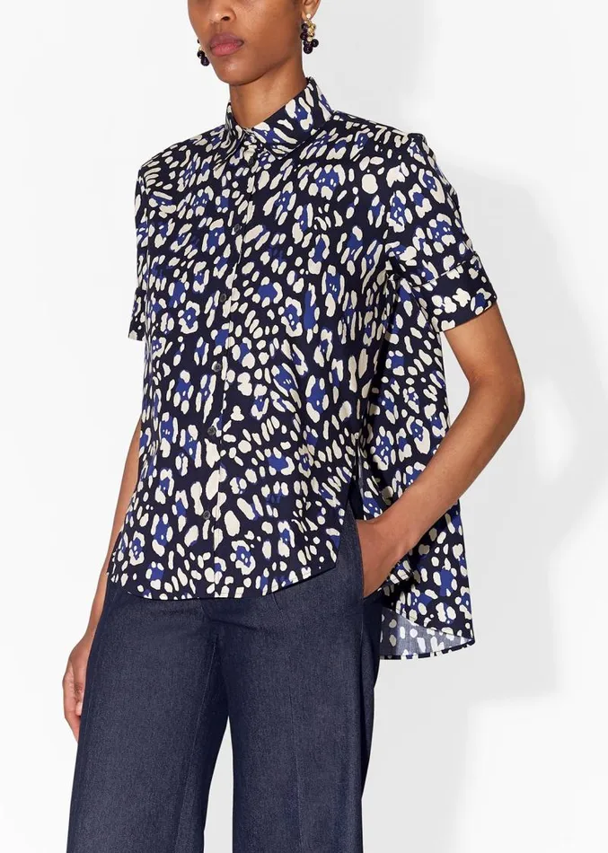 Adam Lippes Tops Short Sleeve Trapeze Top In Printed Poplin Blue Leopard 8211 Women