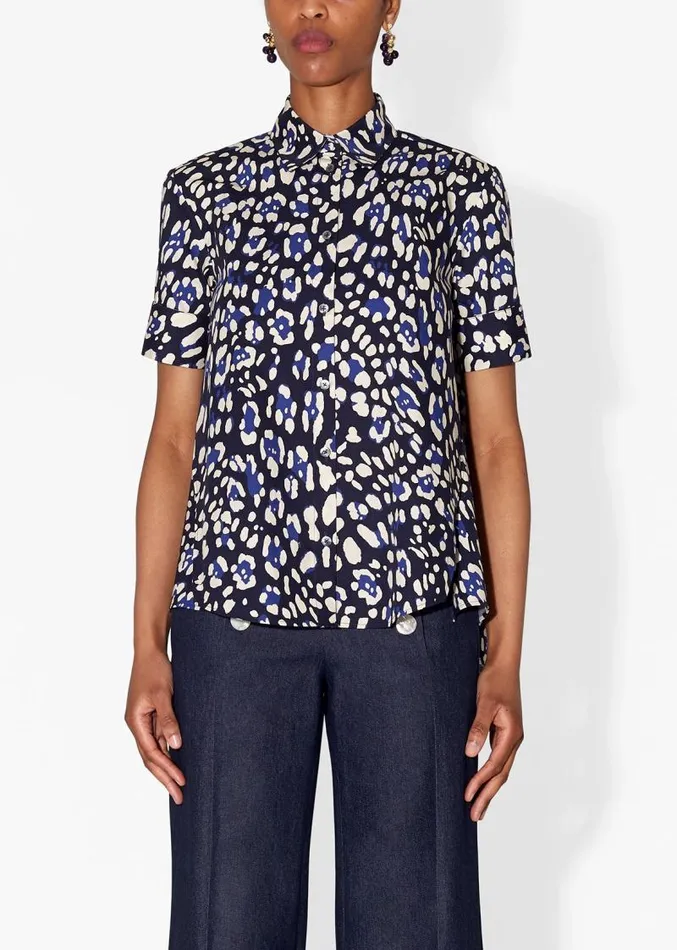 Adam Lippes Tops Short Sleeve Trapeze Top In Printed Poplin Blue Leopard 8211 Women