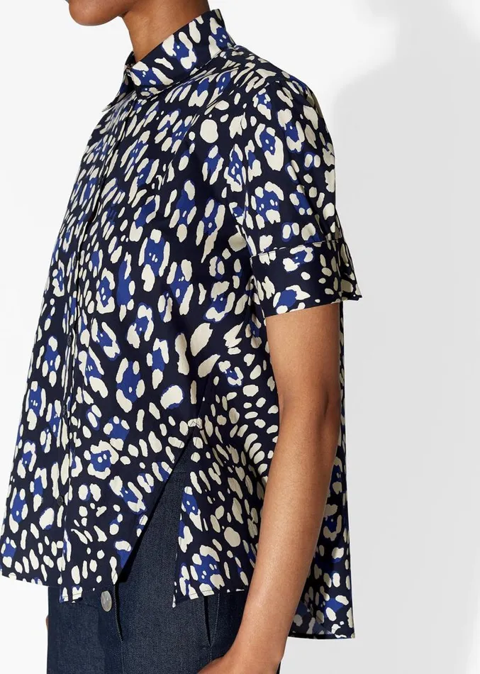 Adam Lippes Tops Short Sleeve Trapeze Top In Printed Poplin Blue Leopard 8211 Women