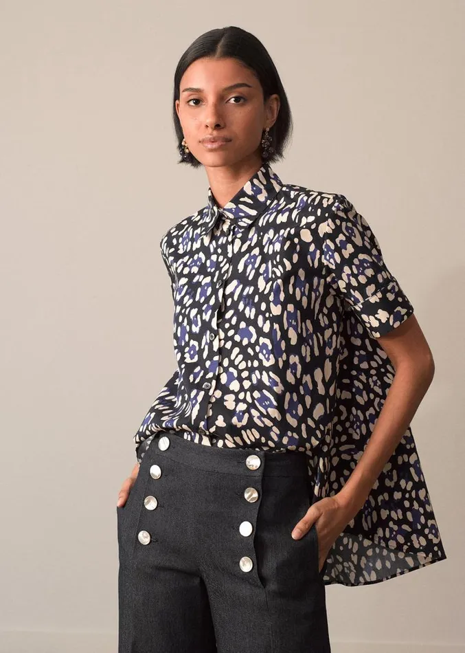 Adam Lippes Tops Short Sleeve Trapeze Top In Printed Poplin Blue Leopard 8211 Women