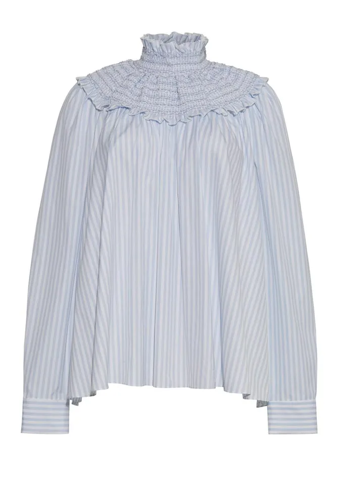 Adam Lippes Tops Smocked Neck Top In Striped Cotton Light Blue Stripe 8211 Women
