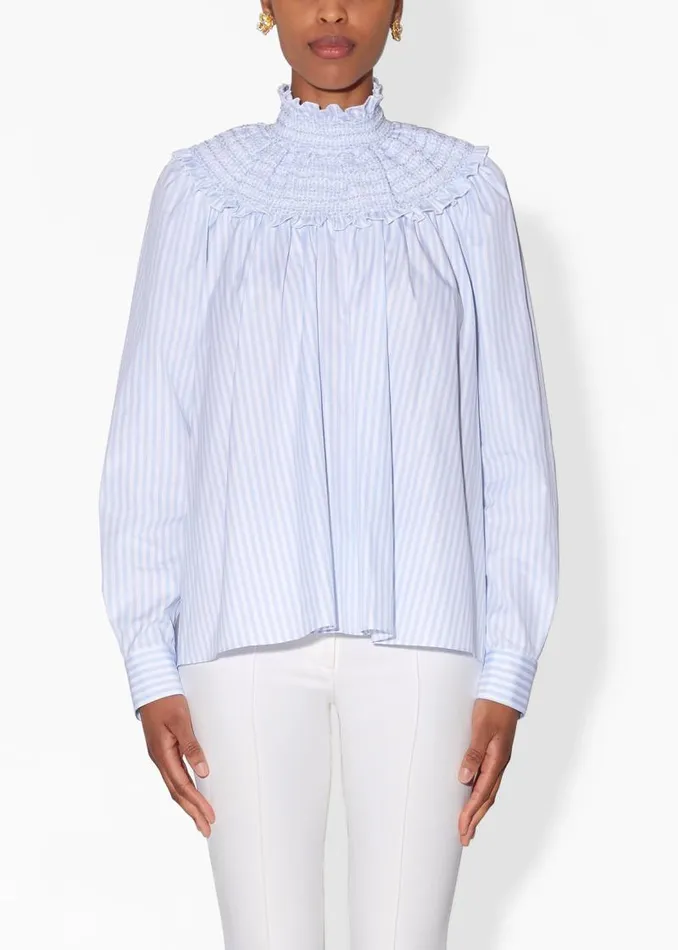 Adam Lippes Tops Smocked Neck Top In Striped Cotton Light Blue Stripe 8211 Women