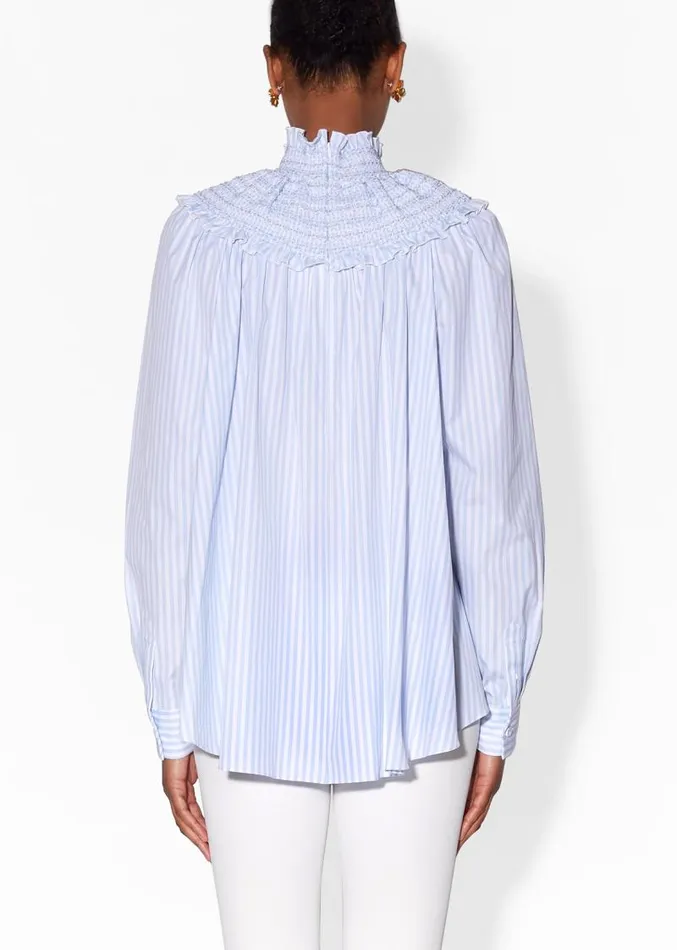 Adam Lippes Tops Smocked Neck Top In Striped Cotton Light Blue Stripe 8211 Women