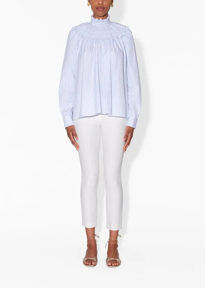 Adam Lippes Tops Smocked Neck Top In Striped Cotton Light Blue Stripe 8211 Women