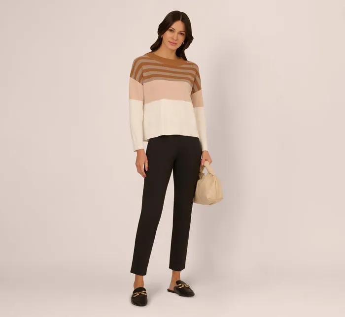 Adrianna Papell Coord Sets Drop Shoulder Boat Neck Color Blocked Sweater In Camel Ht Oatmeal Block Multi 8211 Women