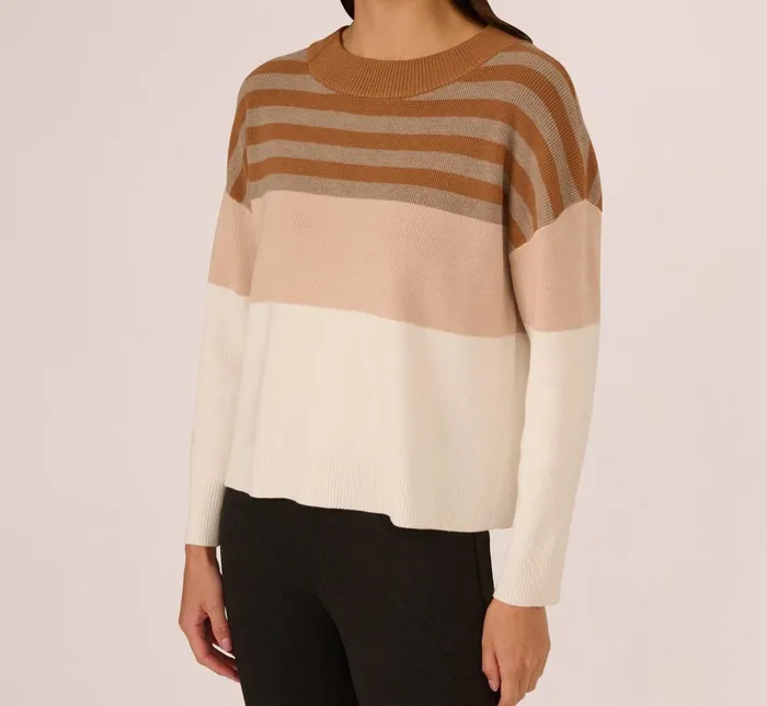 Adrianna Papell Coord Sets Drop Shoulder Boat Neck Color Blocked Sweater In Camel Ht Oatmeal Block Multi 8211 Women