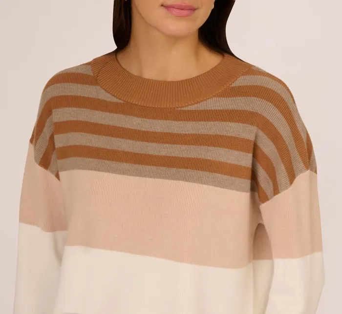 Adrianna Papell Coord Sets Drop Shoulder Boat Neck Color Blocked Sweater In Camel Ht Oatmeal Block Multi 8211 Women