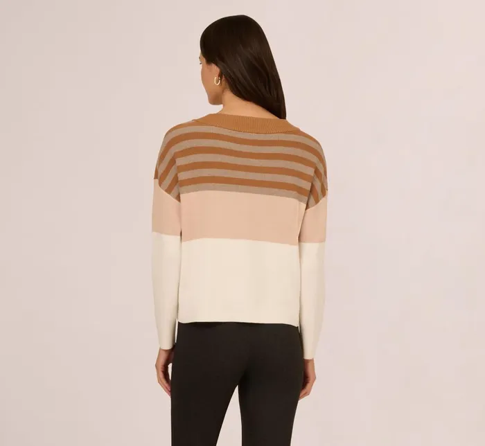 Adrianna Papell Coord Sets Drop Shoulder Boat Neck Color Blocked Sweater In Camel Ht Oatmeal Block Multi 8211 Women