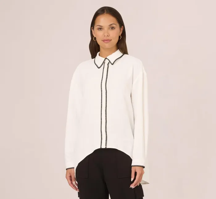 Adrianna Papell Coord Sets Long Sleeve Button Down Top With Embroidered Details In Ivory Black 8211 Women Adrianna Papell Coord Sets Long Sleeve Button Down Top With Embroidered Details In Ivory Black 8211 Women