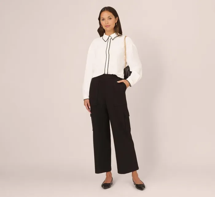 Adrianna Papell Coord Sets Long Sleeve Button Down Top With Embroidered Details In Ivory Black 8211 Women