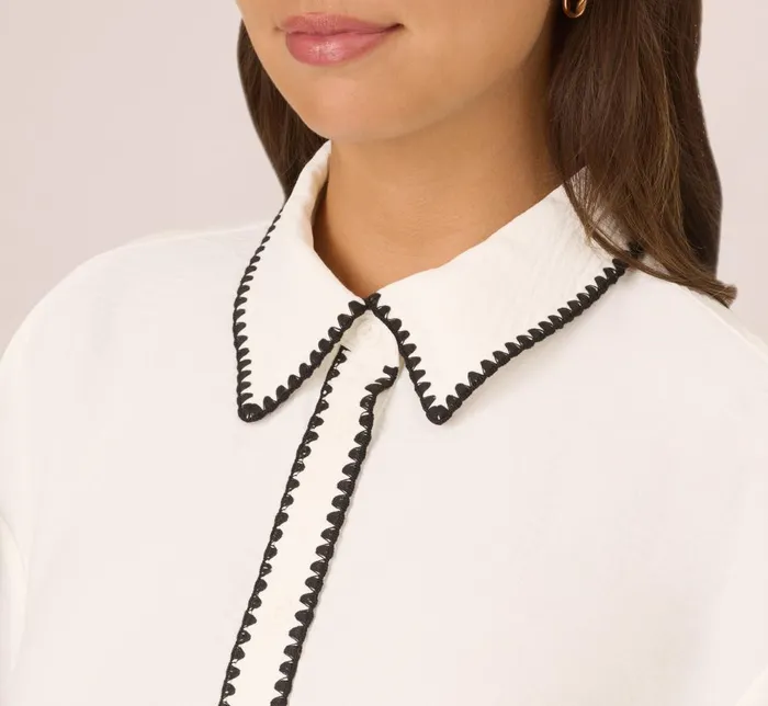 Adrianna Papell Coord Sets Long Sleeve Button Down Top With Embroidered Details In Ivory Black 8211 Women