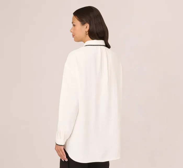 Adrianna Papell Coord Sets Long Sleeve Button Down Top With Embroidered Details In Ivory Black 8211 Women