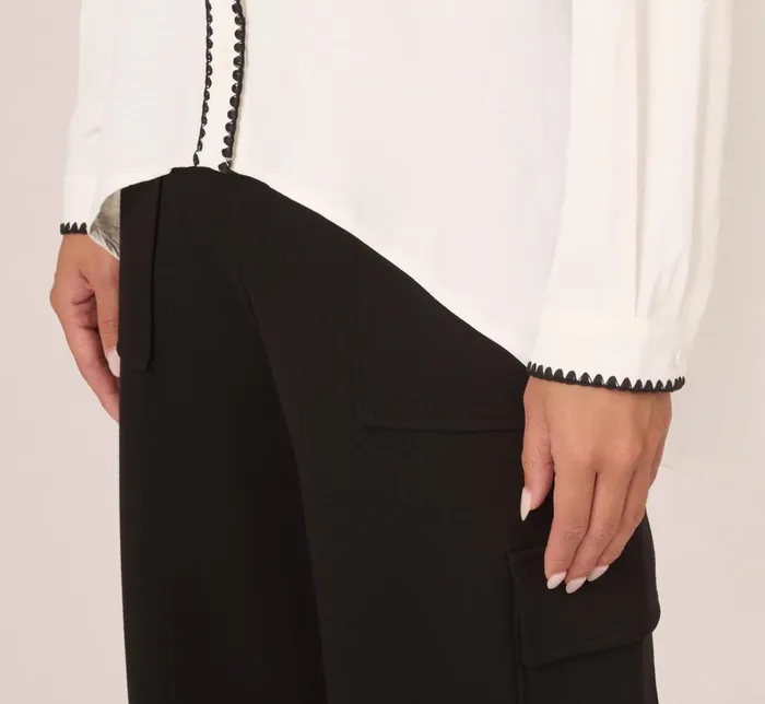 Adrianna Papell Coord Sets Long Sleeve Button Down Top With Embroidered Details In Ivory Black 8211 Women