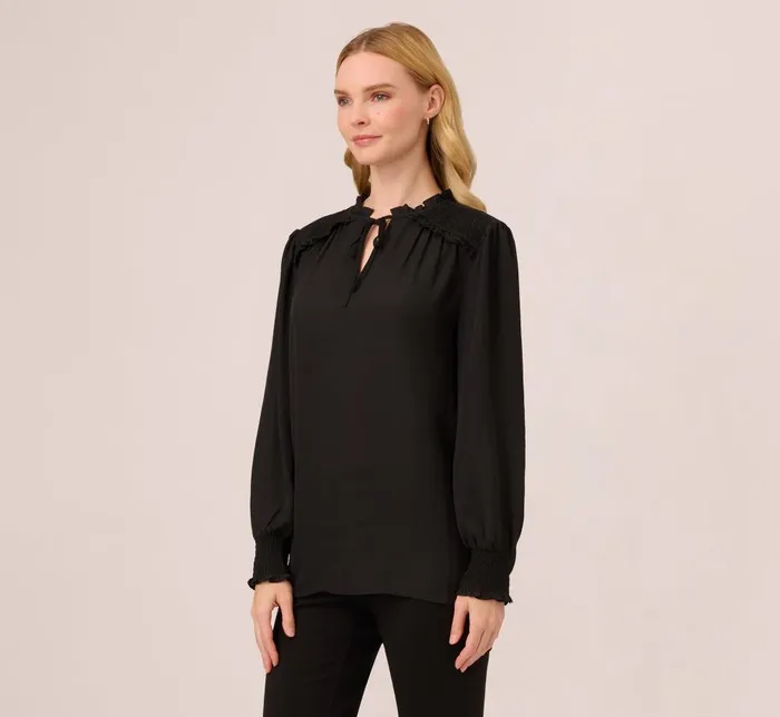 Adrianna Papell Coord Sets Ruffle Tie Neck Top With Smocked Long Sleeves In Black 8211 Women