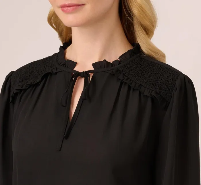 Adrianna Papell Coord Sets Ruffle Tie Neck Top With Smocked Long Sleeves In Black 8211 Women