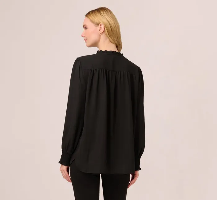 Adrianna Papell Coord Sets Ruffle Tie Neck Top With Smocked Long Sleeves In Black 8211 Women