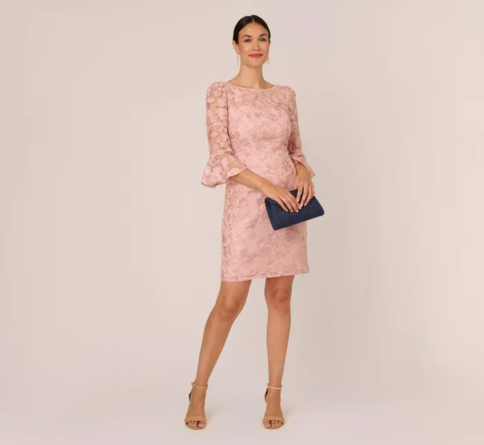 Adrianna Papell Day Dresses Bell Sleeve Rose Embroidered Sheath Dress In Dusty Rose 8211 Women