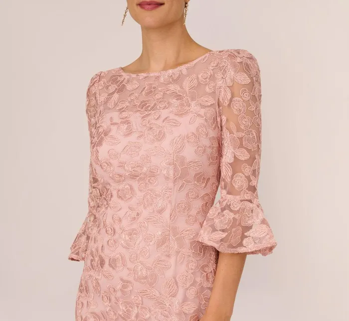 Adrianna Papell Day Dresses Bell Sleeve Rose Embroidered Sheath Dress In Dusty Rose 8211 Women