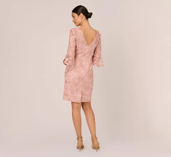 Adrianna Papell Day Dresses Bell Sleeve Rose Embroidered Sheath Dress In Dusty Rose 8211 Women