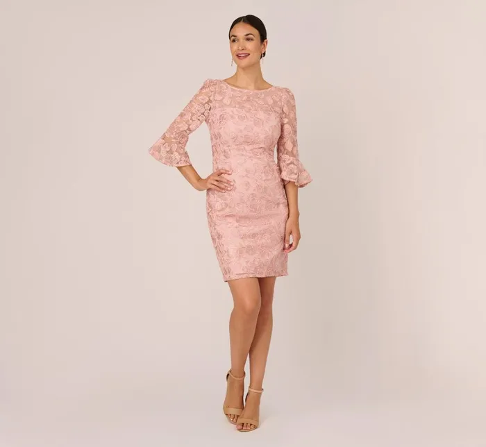 Adrianna Papell Day Dresses Bell Sleeve Rose Embroidered Sheath Dress In Dusty Rose 8211 Women